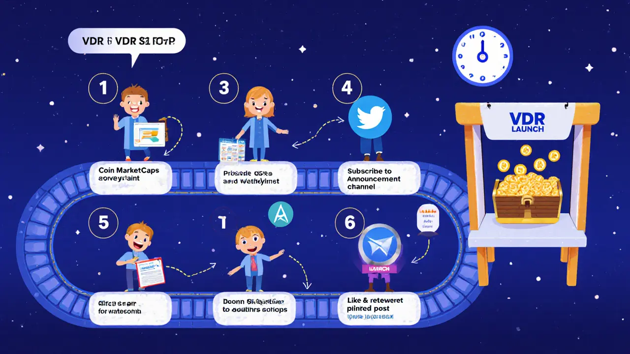 Schritt-für-Schritt-Anleitung als Spielzeugband: Sechs Aufgaben zum VDR-Airdrop, führen zu einer Truhe voller Tokens vor dem Countdown bis Nov. 2025.