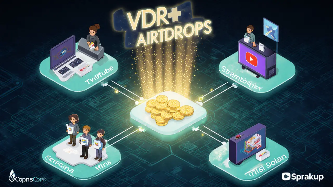 Technisches Netzwerkdiagramm von Vodra mit Stream-Plattformen, die über Solana mit VDR-Token und Abstimmungsrechten verbunden sind.