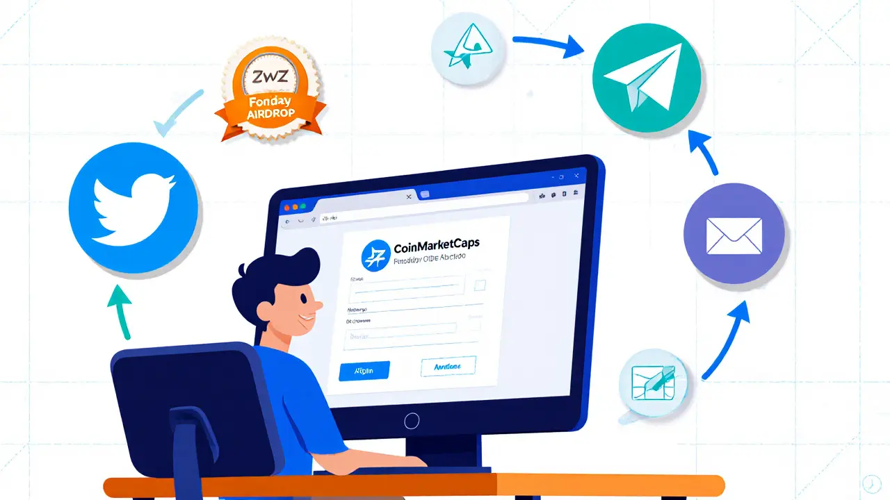 Avatar folgt Airdrop‑Aufgaben: CoinMarketCap-Formular, Twitter, Telegram, Discord, Video, E‑Mail.