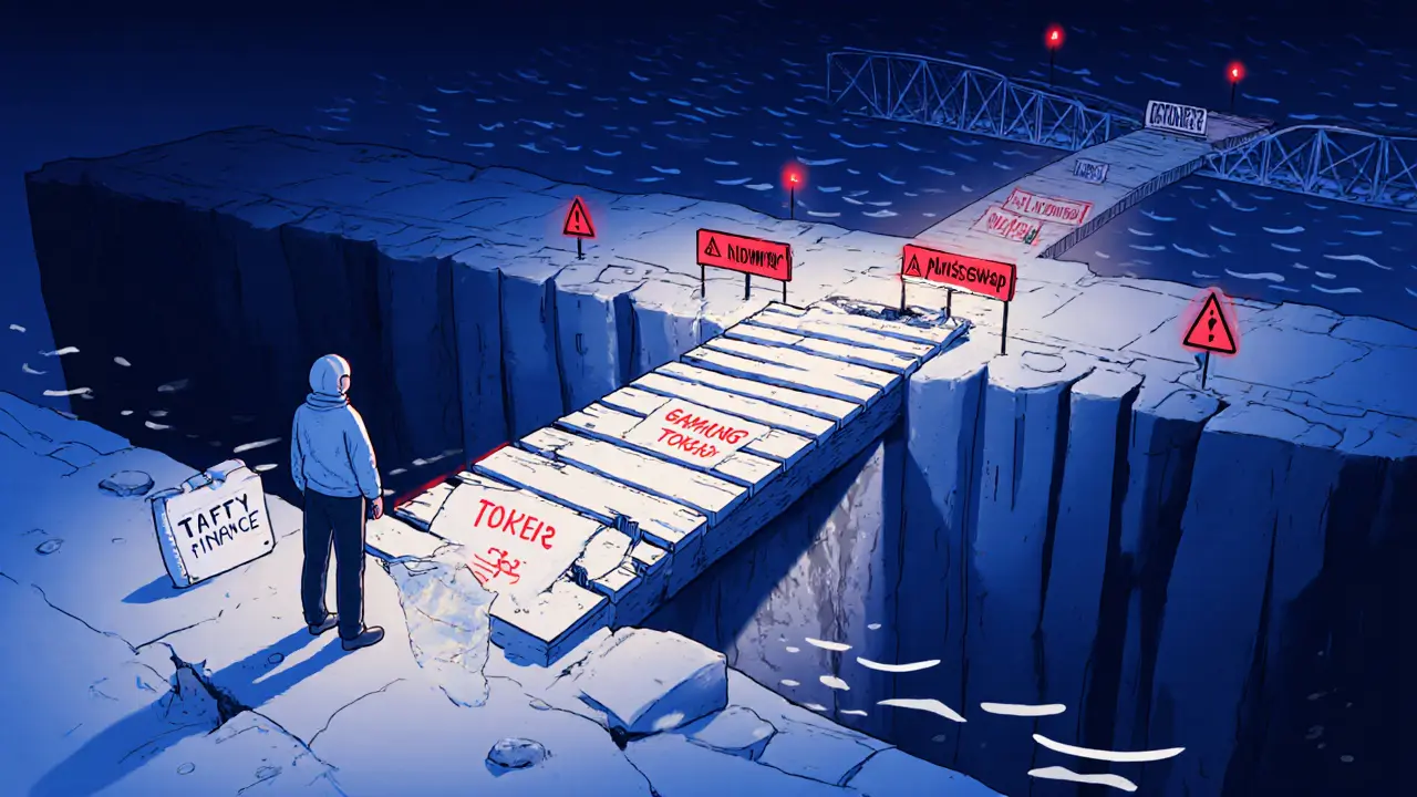 Benutzer vor einer wackeligen Brücke von Taffy Finance über geringere Liquidität gewarnt.