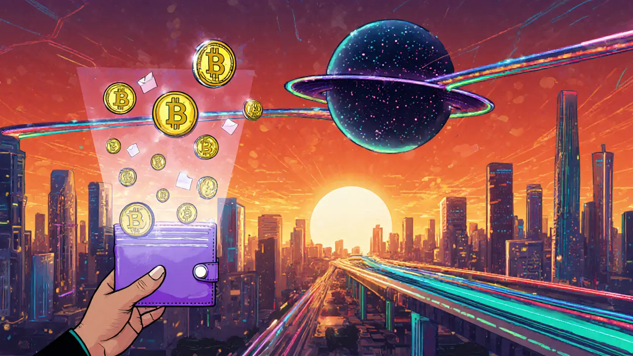 Cartoon‑Illustration einer zukünftigen Metaverse‑Stadt mit Wallet‑Hologramm, DAO‑Abstimmung und Layer‑2‑Skalierung.