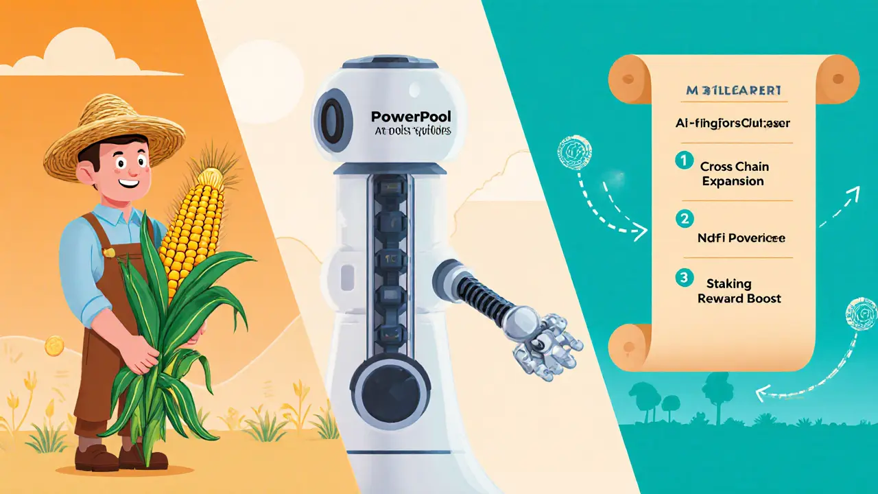 Cartoon‑Illustration von Yield‑Farmer, AI‑Agent, DeFi‑Protokoll und Roadmap für PowerPool.
