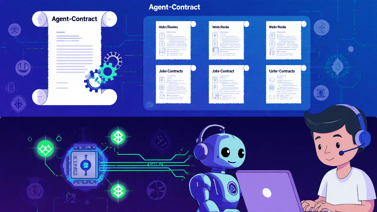 Cartoon‑Technikbild der PowerPool‑Architektur: Agent‑Contract, Jobs‑Contracts und Keeper‑Node‑Roboter.