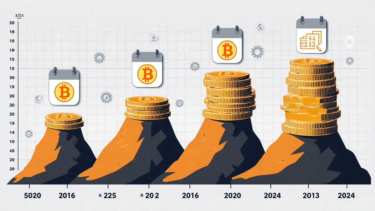 Cartoon‑Timeline zeigt vier Bitcoin‑Halving‑Ereignisse mit fallenden Coin‑Mengen und Preis‑Icons.