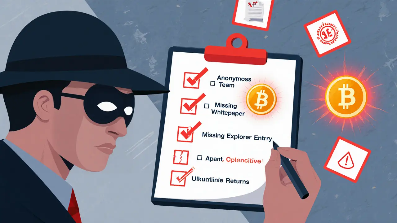 Detektiv prüft ein verdächtiges Token mit roten Warn‑Icons auf einer Checkliste.