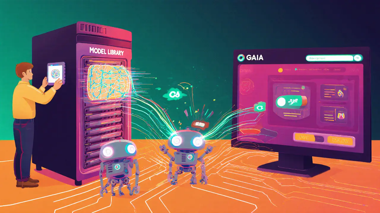 Dezentrales KI-Inferenz‑Marktplatz mit AI‑Agents und Modellen im Cartoon‑Stil.