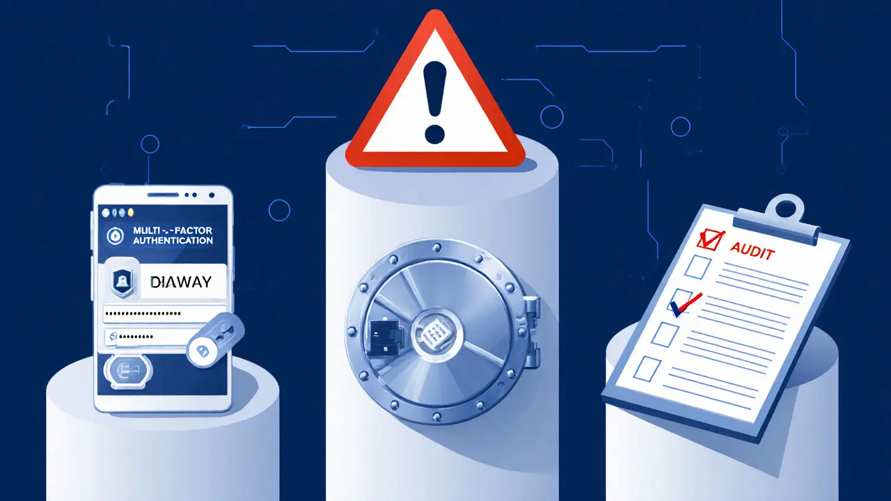 Drei Sicherheits‑Pfeiler – MFA, Cold‑Storage‑Tresor und Audit‑Checkliste – in Cartoon‑Technik dargestellt.
