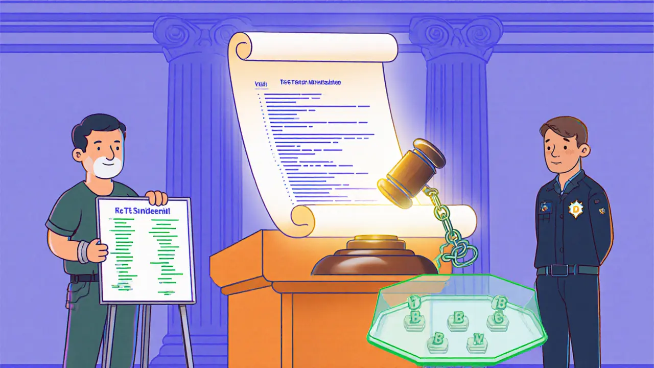 Gerichtsszene mit aufgehobenem Sanktionen‑Gavel, Entwickler‑Figuren und Hybrid‑Mixer‑Diagramm.