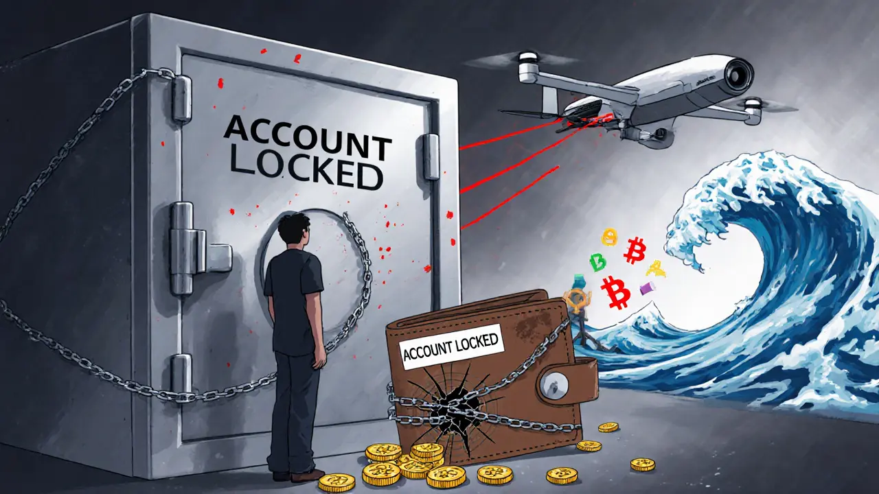 Gesperrtes Bankkonto, kaputtes Wallet, Überwachungsdrohne und Offshore‑Kapitalfluss.