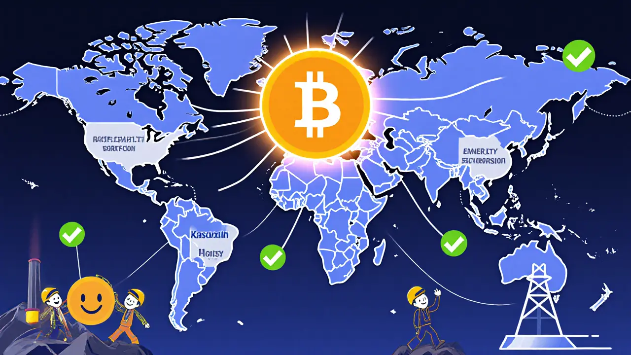Globale Hashrate-Karte mit wachsenden Energieflüssen zu den USA und Europa, während Kasachstan schwächer wird.