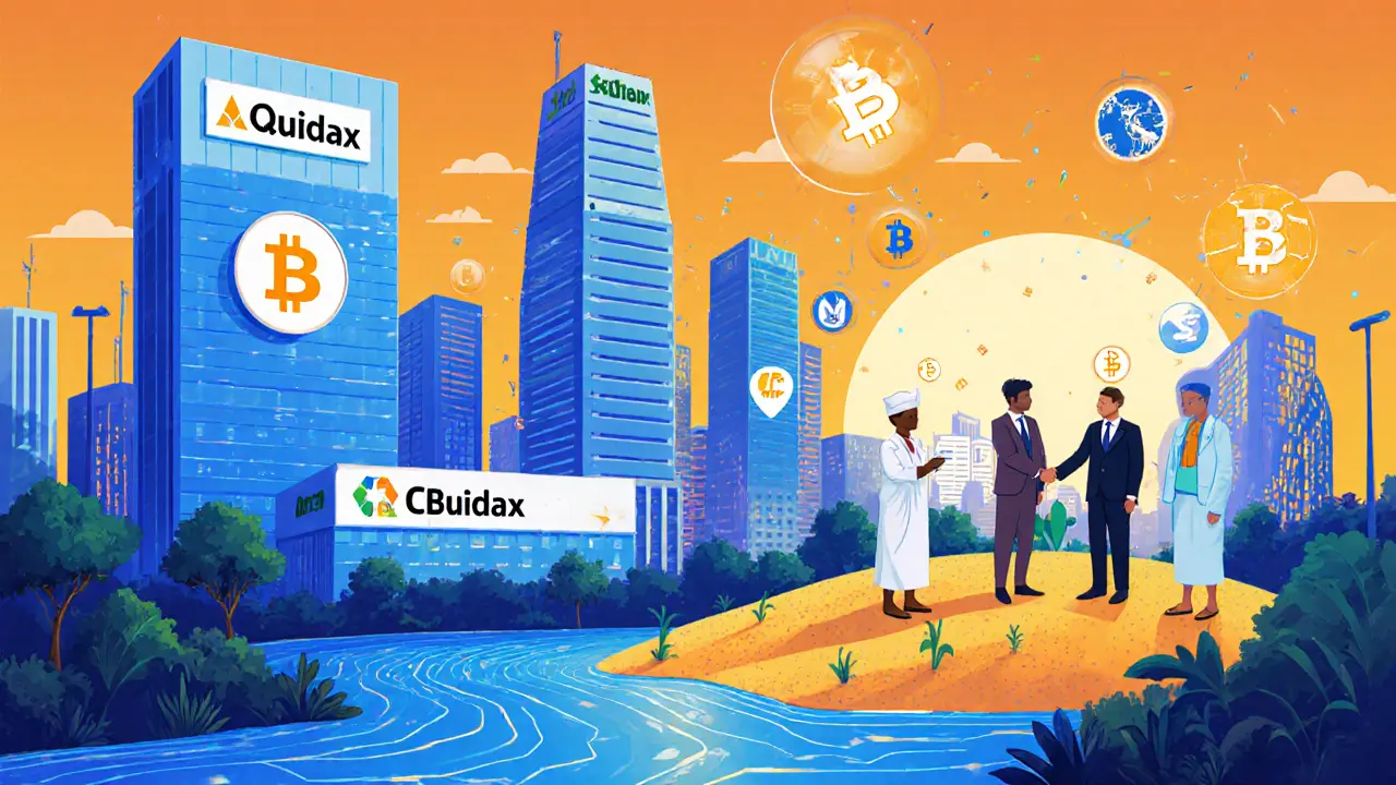 Illustrated Lagos skyline with licensed crypto exchanges, sandbox lab and regulators symbolizing future crypto hub.