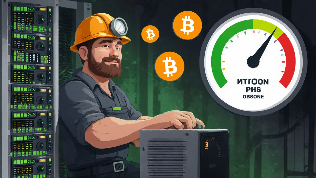 Illustration eines Bitcoin‑Miners mit ASIC‑Rigs, Strommessgerät und Gewinn‑/Verlust‑Anzeige.