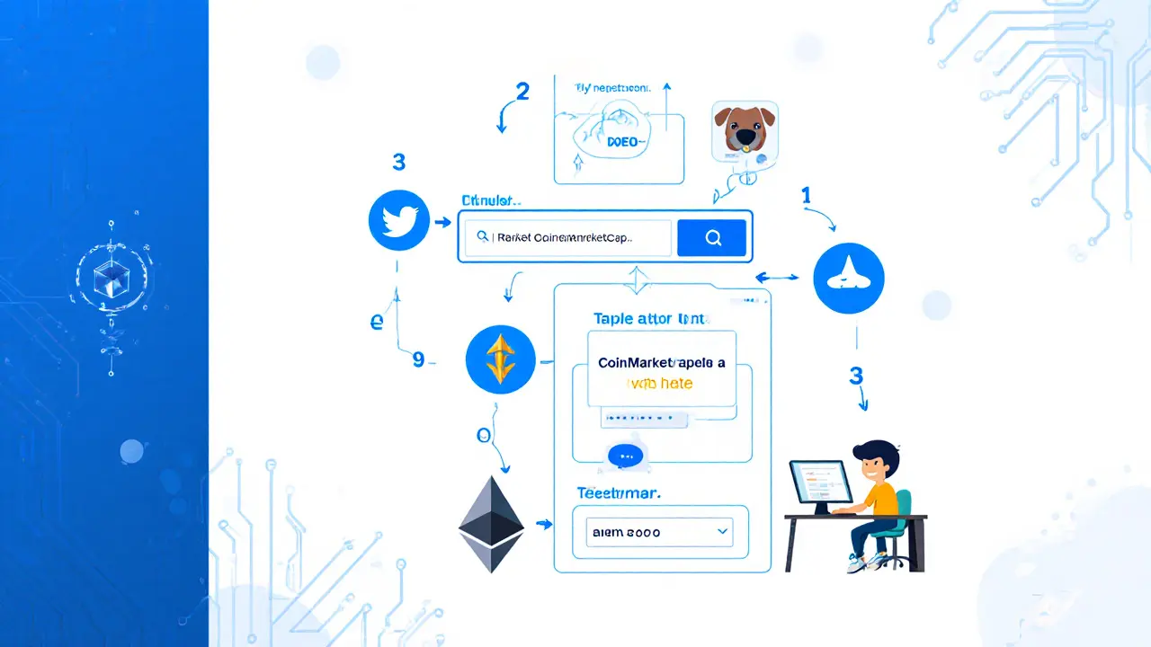 Illustration erklärt die Airdrop‑Teilnahmeschritte von CoinMarketCap bis Ethereum‑Adresse.