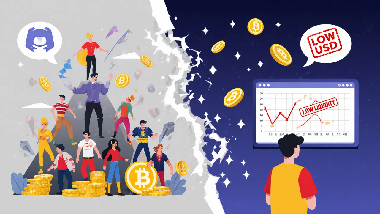 Kontrastillustration: Blühende HeroesTD-Community links vs. sinkender Token-Preis und geringe Liquidität rechts mit gebrochener Blockchain.