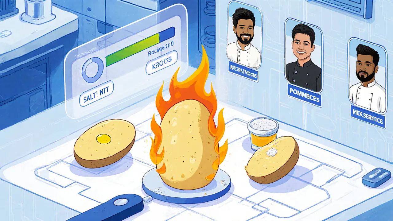 Küche in der Foodverse, wo Zutaten-NFTs zu Gerichten kombiniert werden, während sie verbrannt werden – mit holographischen Köchen im Hintergrund.