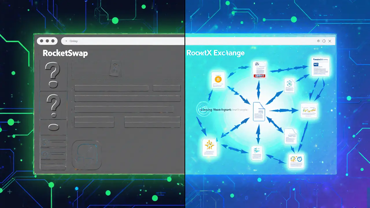 Nebeneinander: RocketSwap ohne Daten versus RocketX mit Audit‑Zertifikaten und Netzwerkdiagramm.