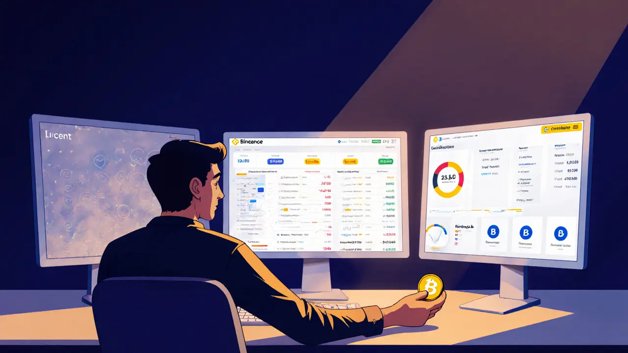 Nutzer vergleicht unscharfe Lucent‑Plattform mit klaren Binance‑ und Coinbase‑Bildschirmen, zeigt Risiko.