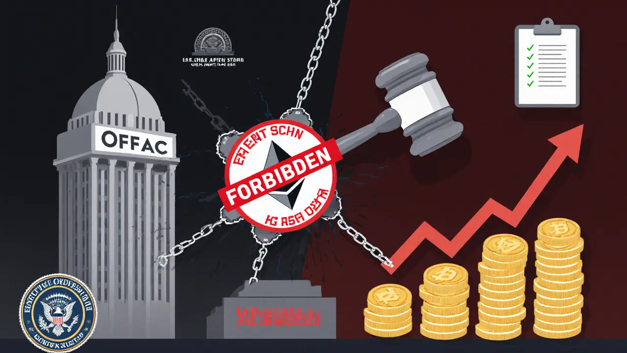 OFAC‑Gavel schlägt auf Tornado‑Cash‑Vertrag, Ketten und sinkende Ether‑Volumen‑Balken.