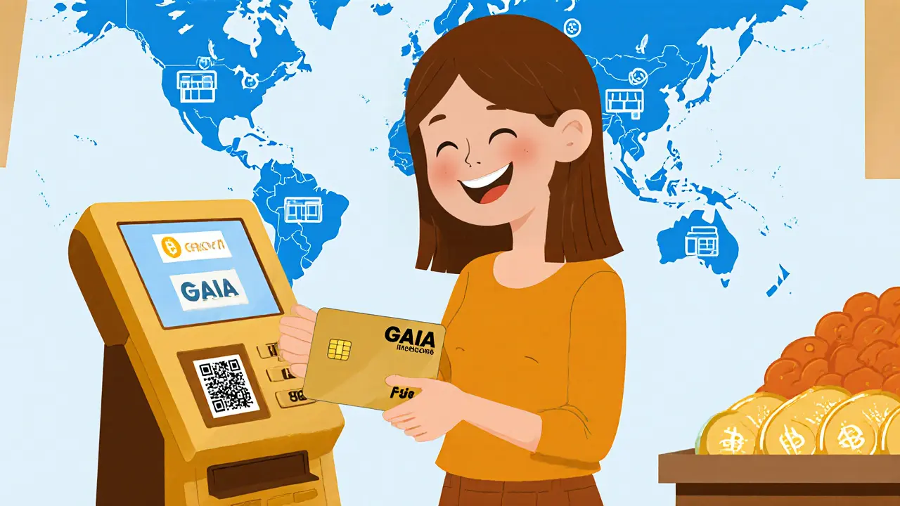 Person bezahlt im Supermarkt mit der GAIA Card, die Krypto‑ und Fiat‑Zahlungen unterstützt.