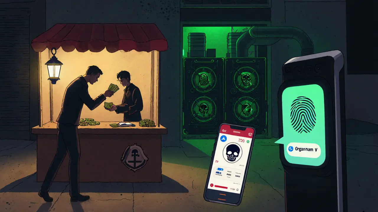 Schattenhafter P2P‑Handel, Telegram‑Phishing und biometrische Prüfung neben verborgener Mining‑Anlage.