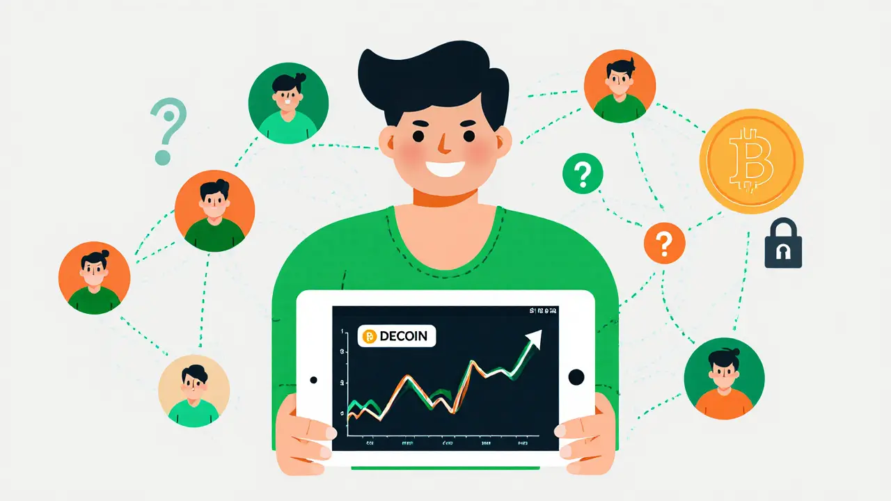Social‑Trading‑Netzwerk mit Trader‑Avatar, Kopier‑Pfeilen und Fragezeichen.