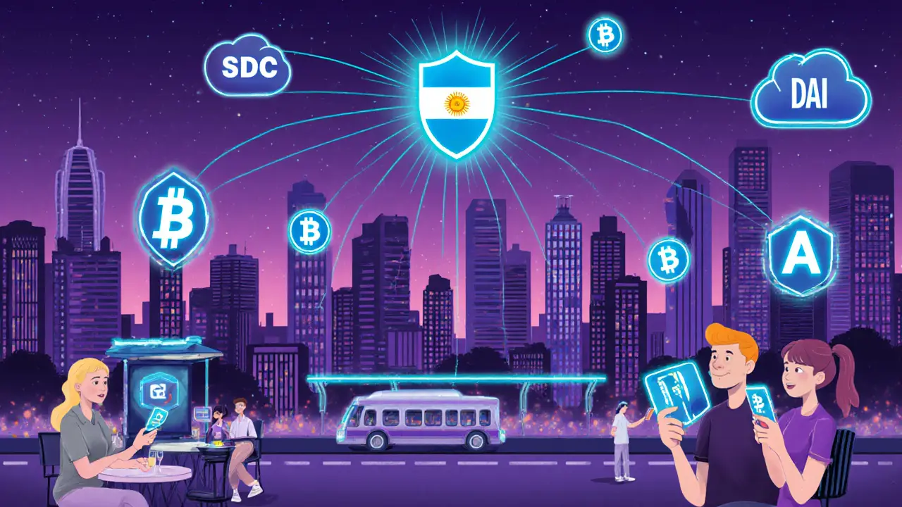 Städtische Skyline mit Stablecoin‑Symbolen, Menschen nutzen Debitkarten, CNV‑Regulierungsgebäude.