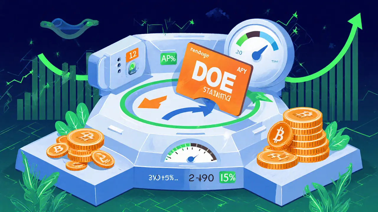 Technische Cartoon‑Darstellung des DOE‑NFT‑Stakings mit Token‑Auszahlungen und APY‑Anzeige.