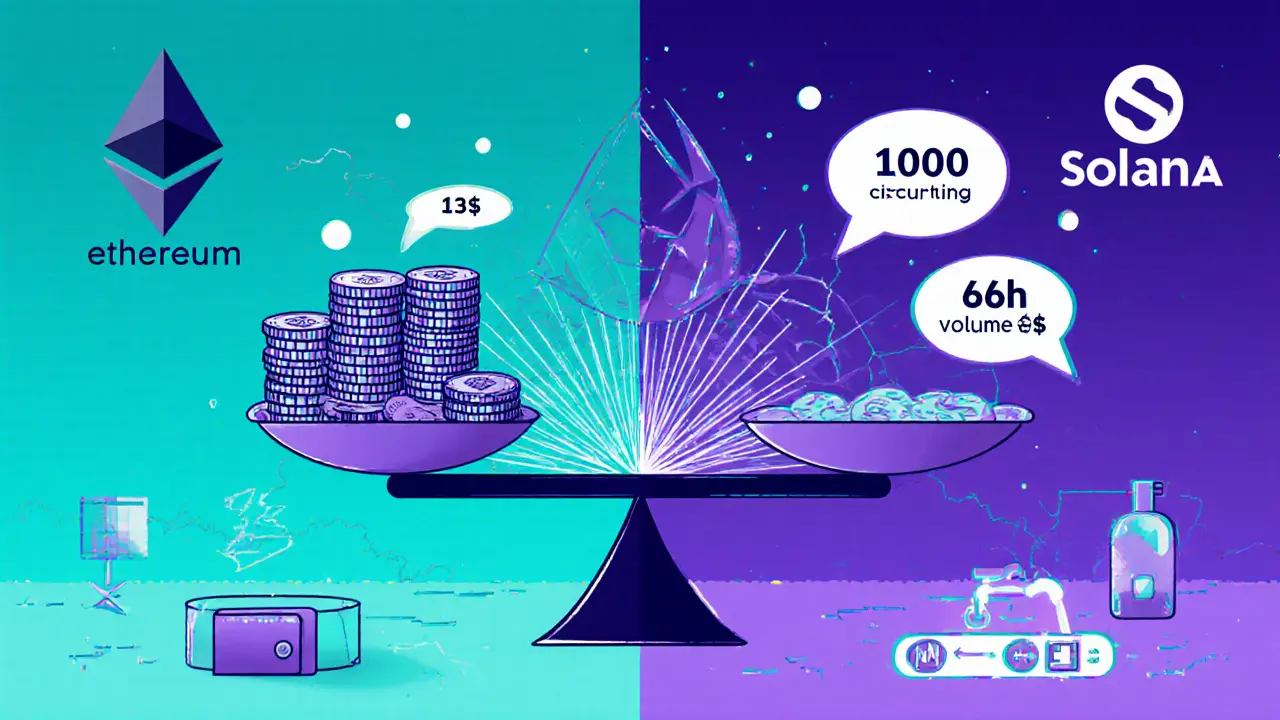Technische Darstellung von WLFI‑Tokenomics, geteilter Ethereum‑ und Solana‑Hintergrund.