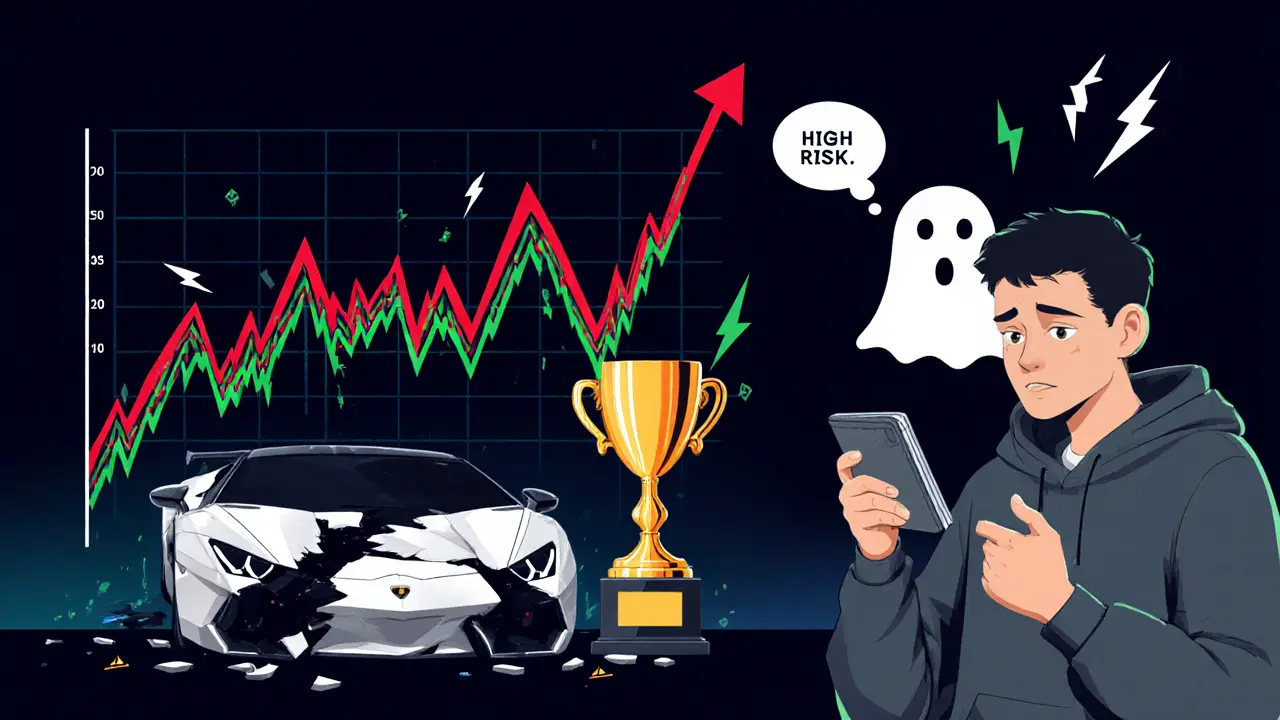 Trader schaut auf volatile WLFI‑Kurve, zerbrochenes Lamborghini‑Symbol.