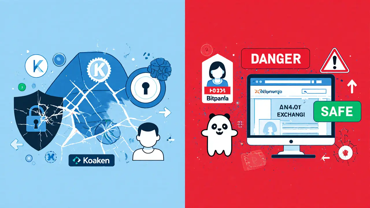 Vergleich: Sichere Krypto-Börse mit Sicherheitsmerkmalen vs. betrügerische Plattform ohne Transparenz.