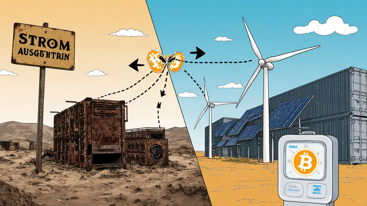 Vergleich: Verlassene Mining-Ausrüstung in Kasachstan vs. moderne, solarbetriebene Farm in Texas.