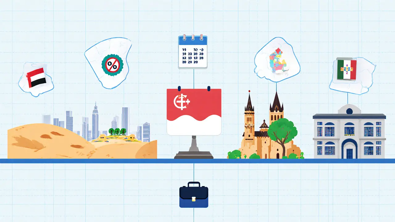 Vergleichende Illustration von UAE, Singapur, Malta, Portugal und USA mit Steuersymbolen.