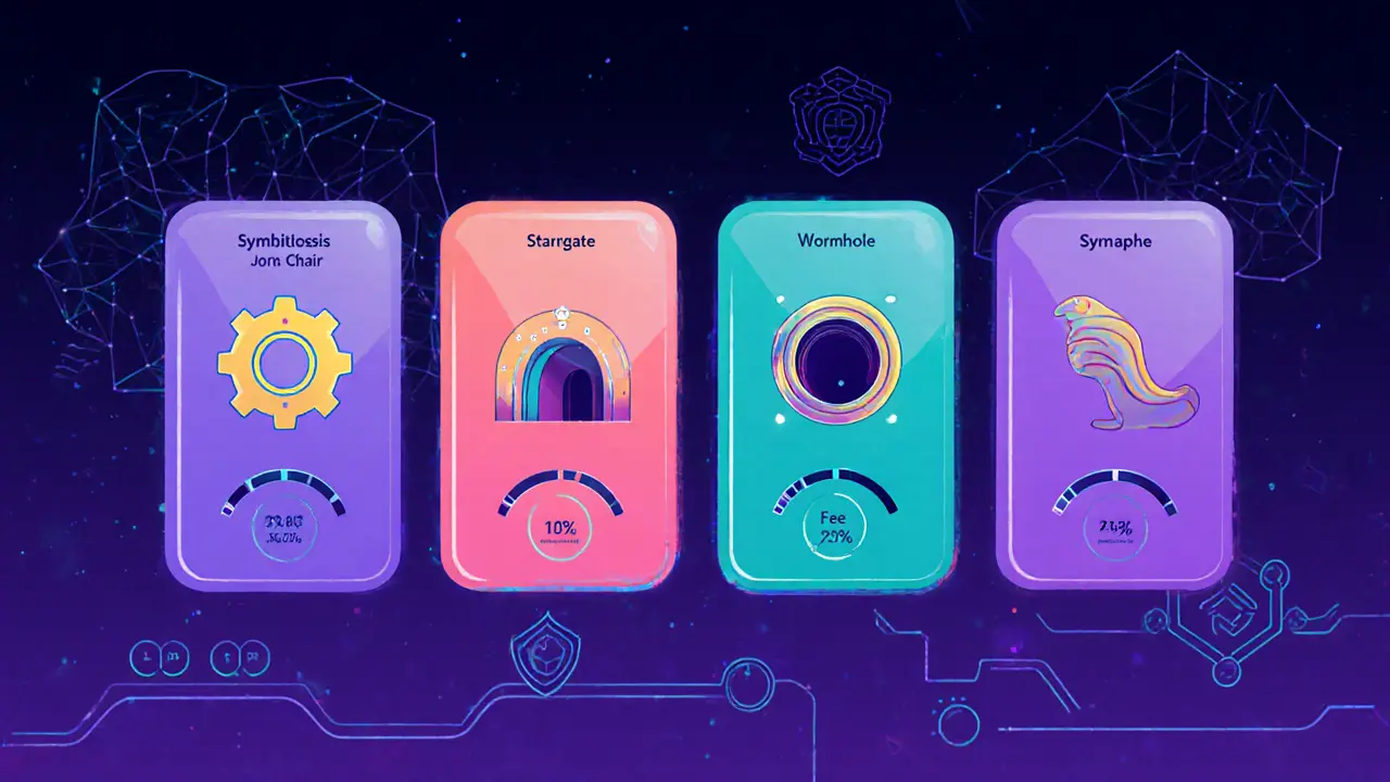 Vergleichsdashboard im Cartoon‑Stil zeigt Symbiosis, Stargate, Wormhole und Synapse mit Geschwindigkeit, Gebühren und Sicherheit.