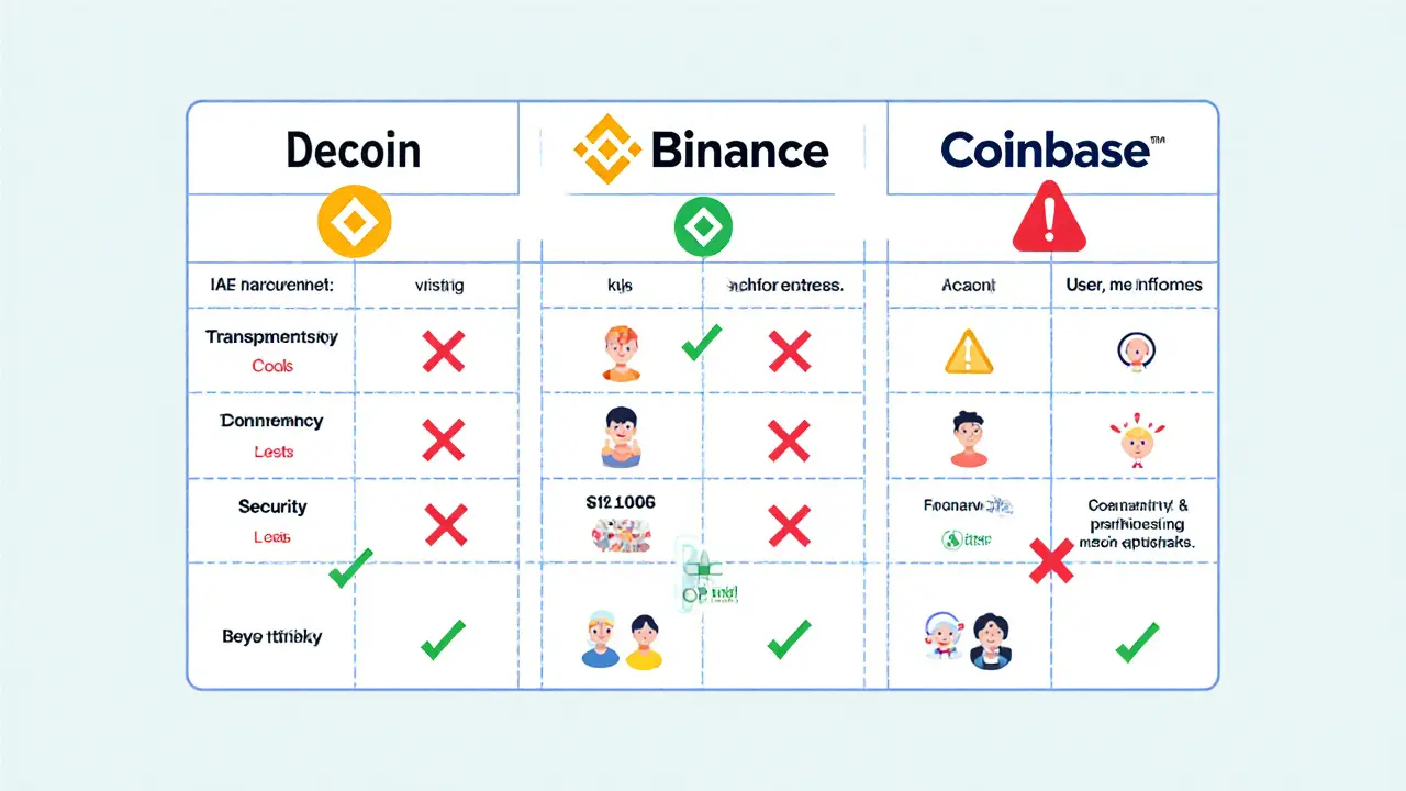 Vergleichstabelle Decoin vs. Binance vs. Coinbase mit Warnsignalen.
