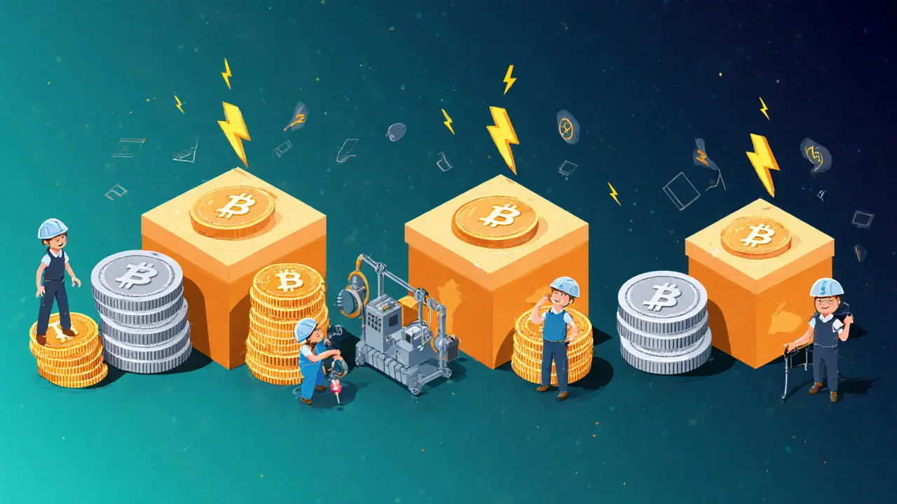 Vier abnehmende Blöcke zeigen Halving, Miner und steigende Gebühren‑Symbole im Cartoon‑Look.