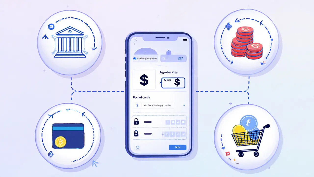 Vier Panels zeigen Gehaltseingang, ARS‑zu‑USDC‑Umwandlung, Wallet‑Speicherung und Visa‑Karten‑Bezahlung.