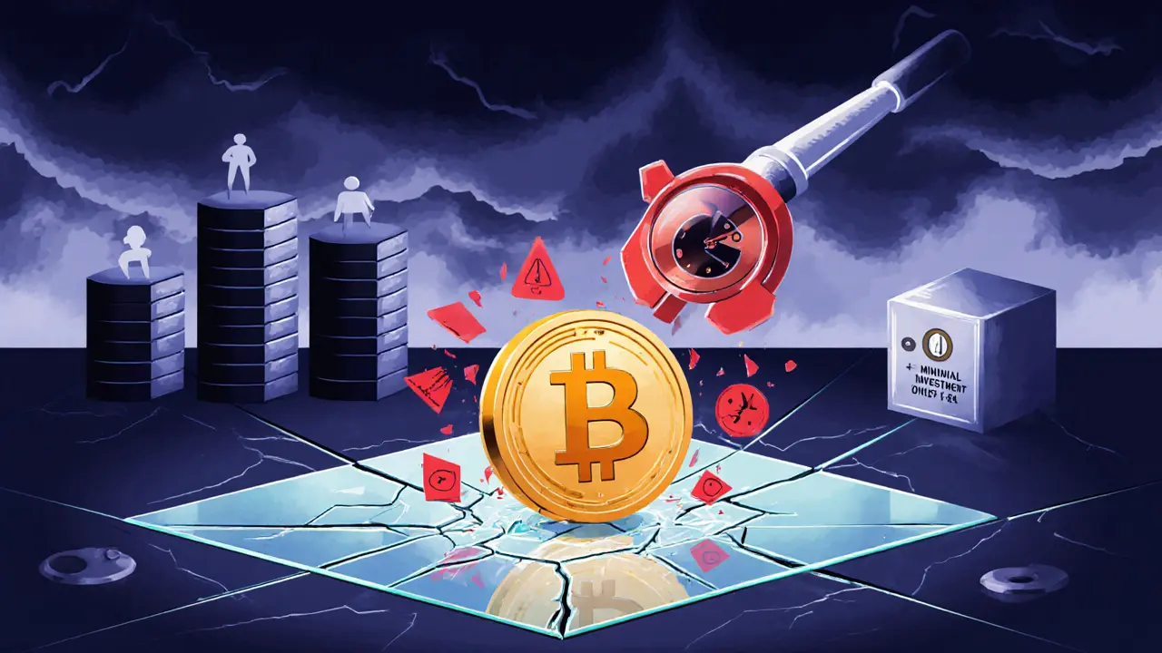Zerbrechender Token, rote Warnsymbole, Pump‑and‑Dump‑Leverage, Gefahr.