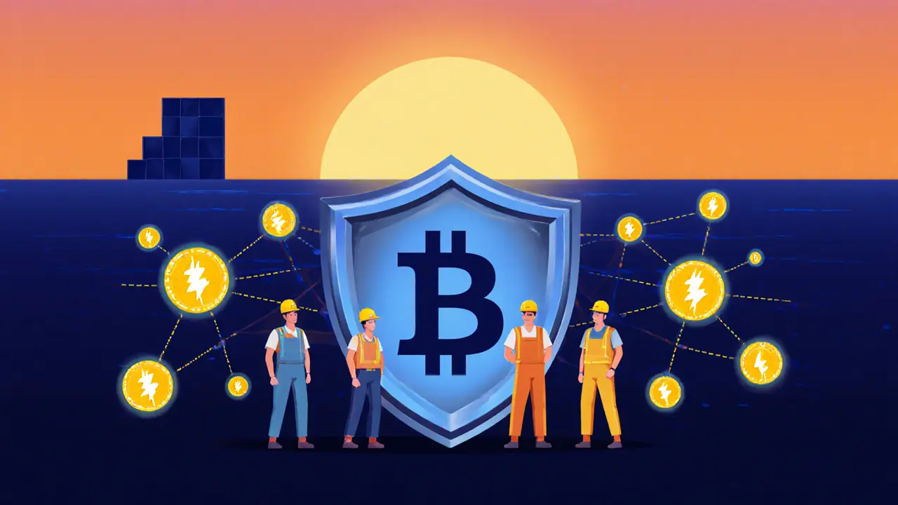Zukunft nach 2140: Miner mit Schild, Fee‑Token und Lightning‑Netzwerk im Cartoon‑Stil.
