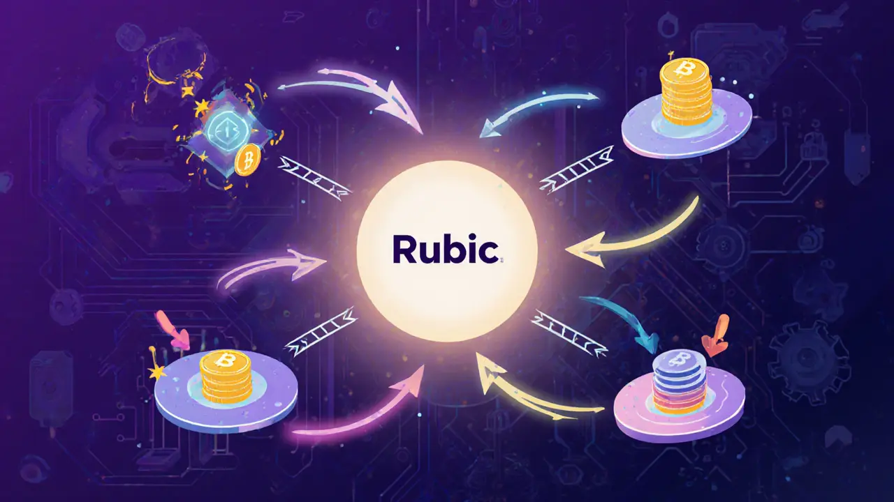 Zukunfts‑Cartoon zeigt Rubic‑Aggregator, weitere Bridges und Layer‑2‑Rollups mit fließenden Token.
