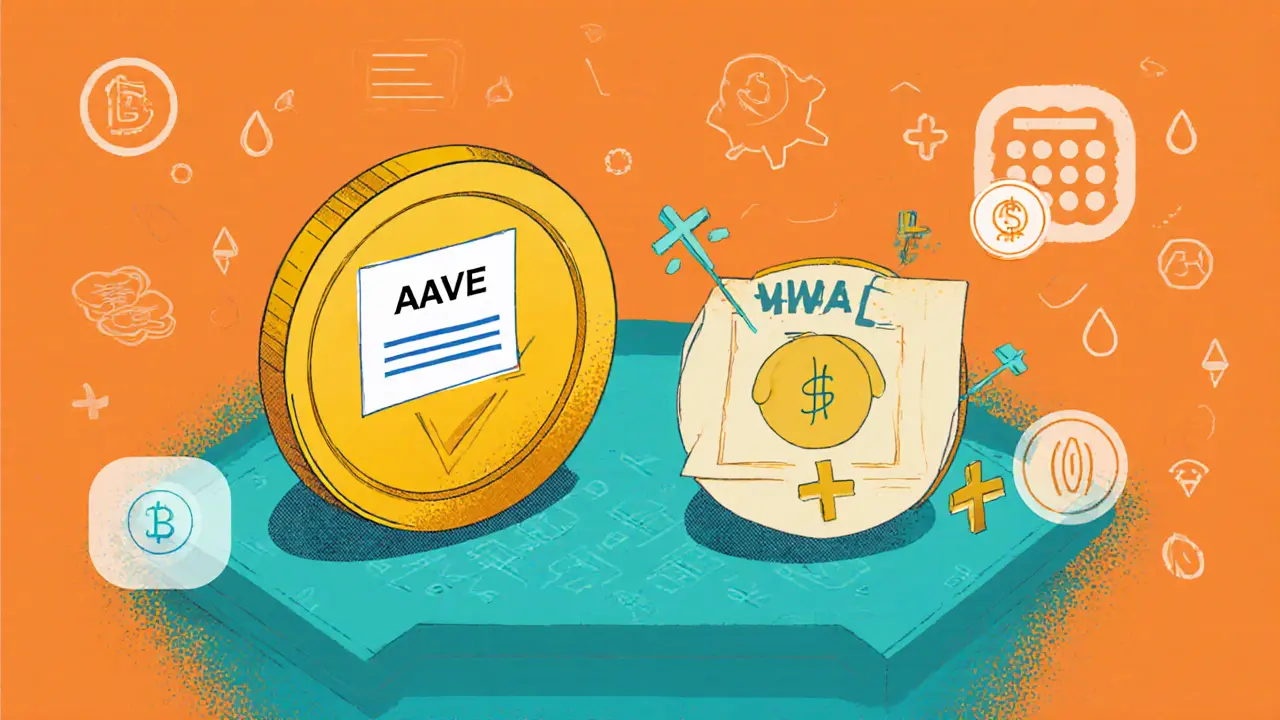 AAVE-Governance-Münze im Vergleich zu vAAVE-Sparbescheinigung mit wachsenden Zinsen.