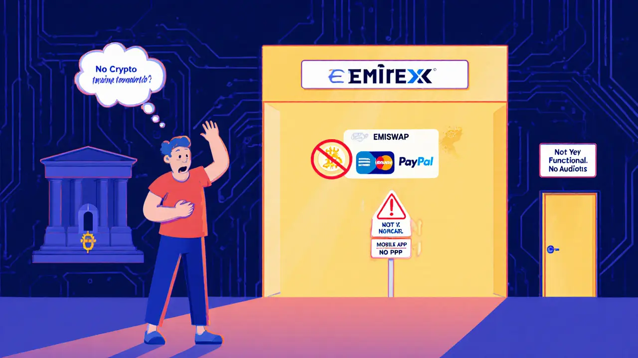 Benutzer erreicht Krypto über Emirex, während Banken blockieren – keine App oder P2P möglich.