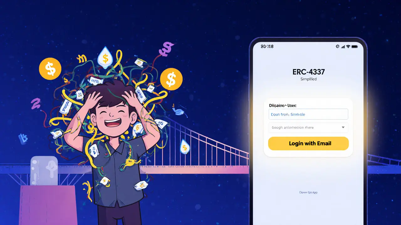 Benutzer kämpft mit Seed-Phrase und Gasgebühren, während eine vereinfachte dApp-Anmeldung erscheint.