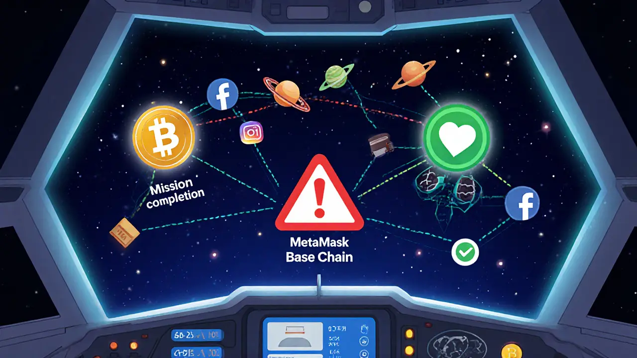 Blockchain-Diagramm im Weltraumcockpit mit validierten Aktivitäten und Warnhinweis für falsche Wallets.