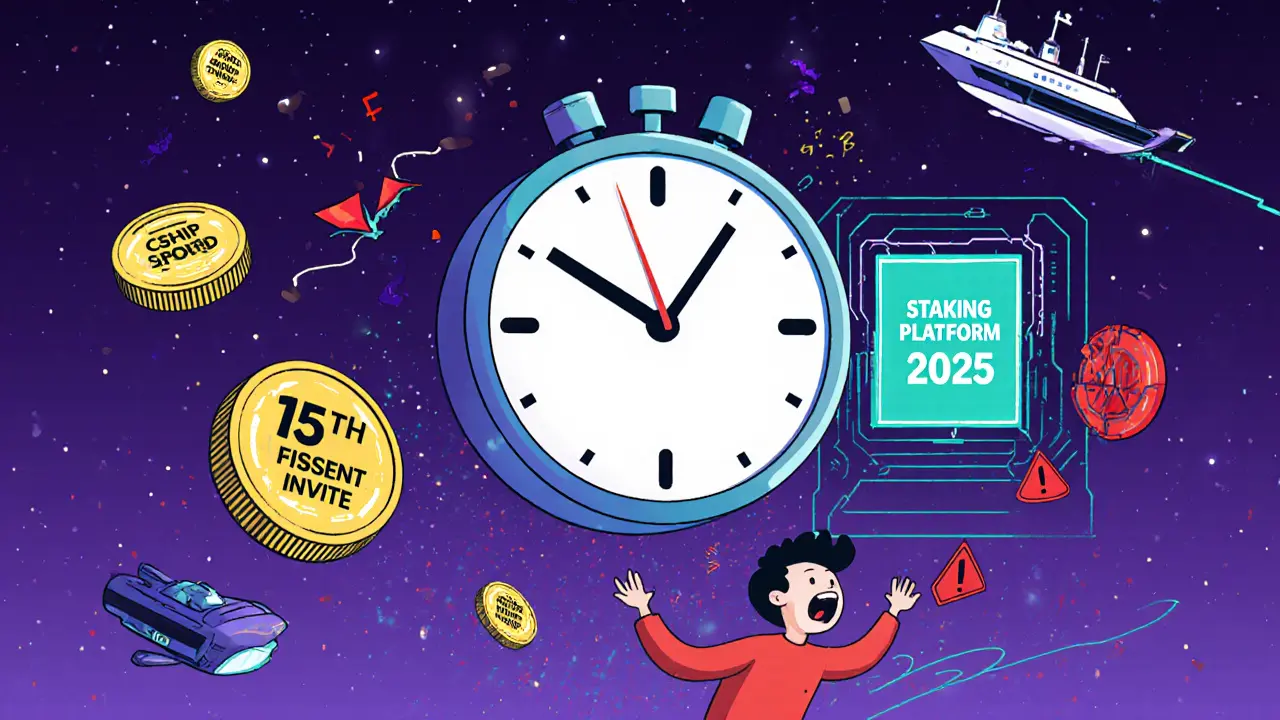 Countdown-Uhr zur Airdrop-Abrechnung mit verpassten Aufgaben und zukünftigem Staking-Portal.