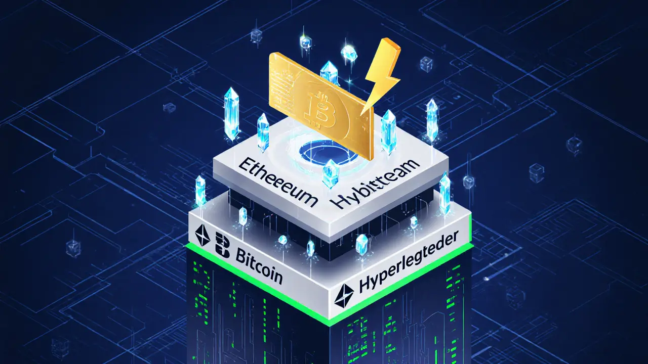 Dreischichtige Blockchain-Turmkonstruktion mit Ethereum, Bitcoin und Hyperledger, angetrieben von Rapid Innovation