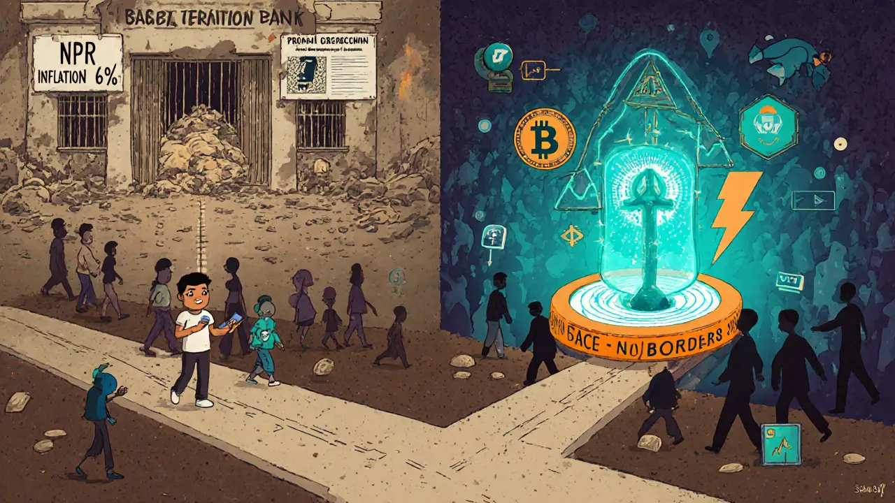 Ein junger Mensch steht an einer Kreuzung zwischen Inflation und Kryptowährung, mit Gefängnis auf der einen und digitaler Freiheit auf der anderen Seite.