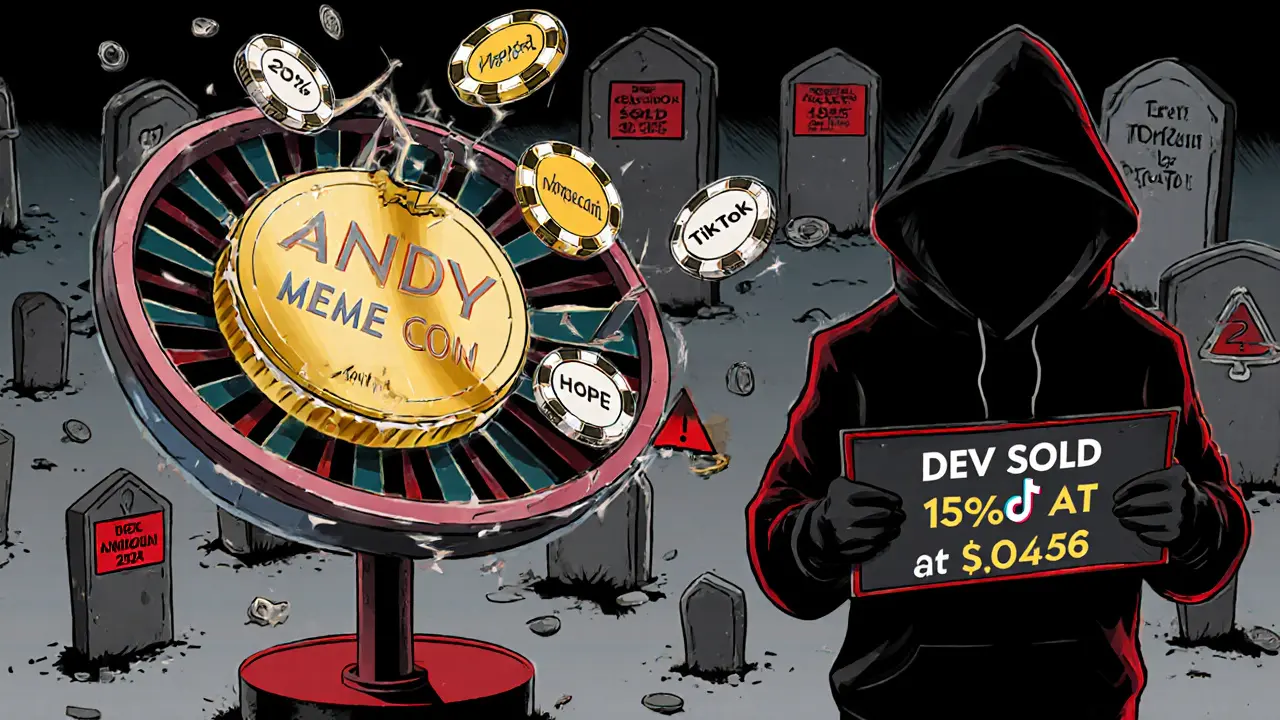 Ein kaputter Glücksspielrad mit ANDY-Chips, während eine schattenhafte Figur Token verkauft.