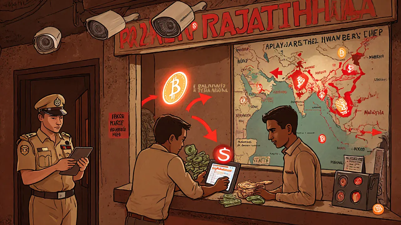 Ein P2P-Kryptohandel in einem Lebensmittelgeschäft wird von Überwachungskameras beobachtet, mit Geldströmen aus dem Ausland.