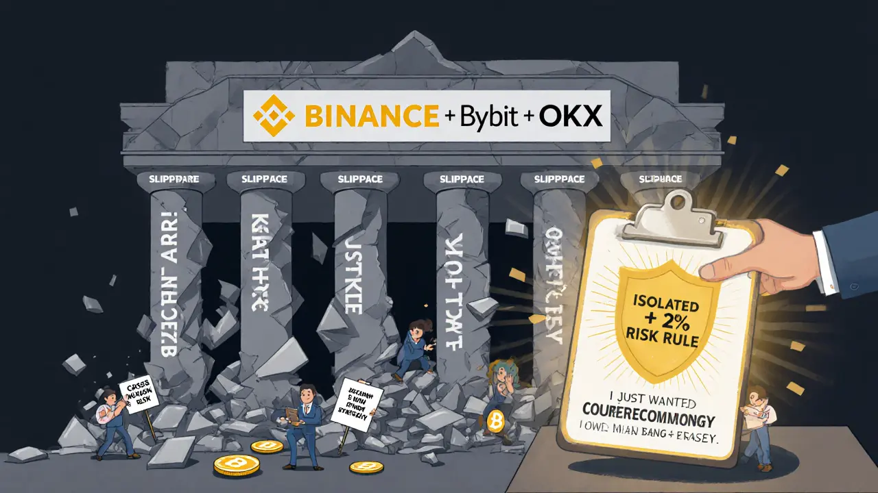 Einbrechende Krypto-Börse mit fallenden Tradern, während ein sicherer Schild mit Disziplin leuchtet