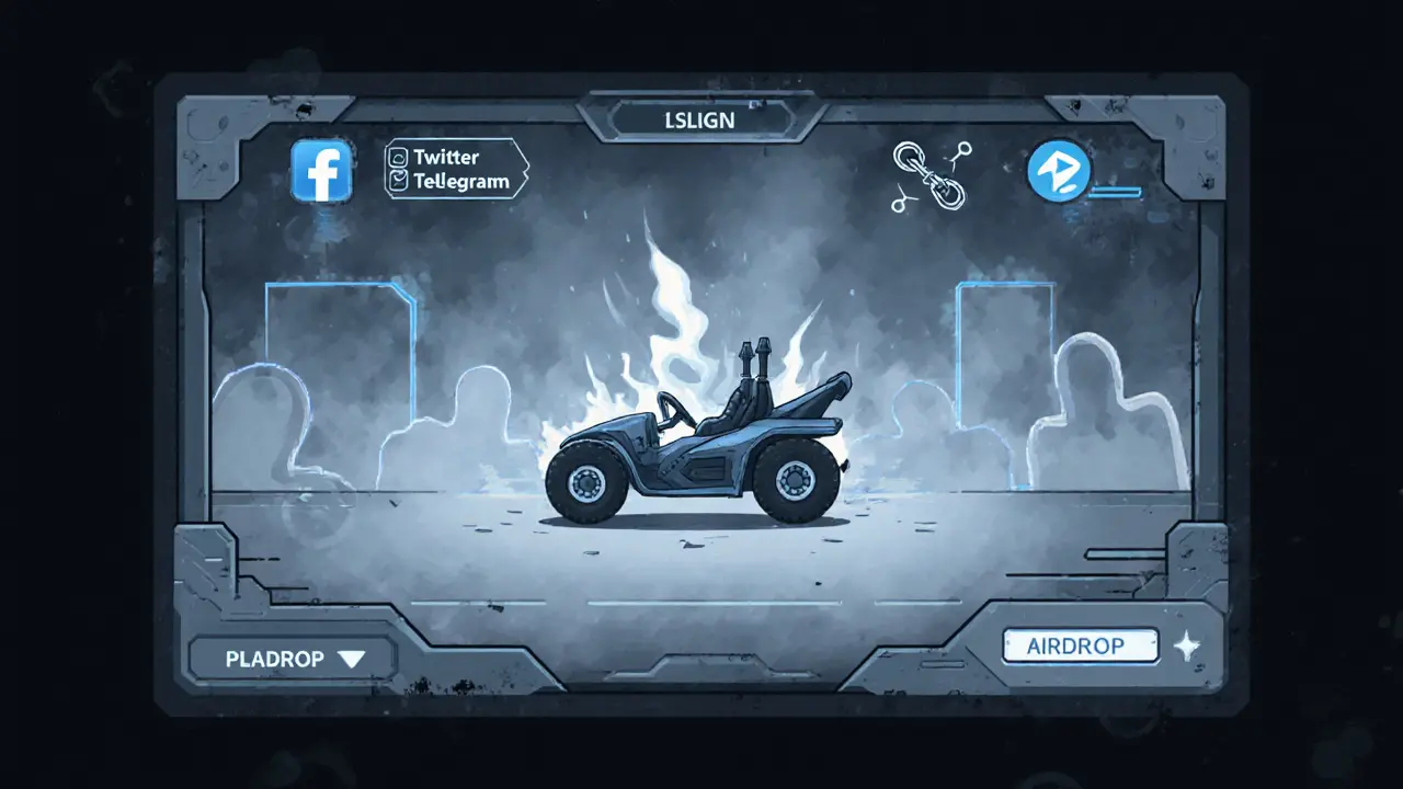 Eine verlassene Spieloberfläche mit einem verblassten NFT-Fahrzeug und zerbrochenen Airdrop-Verbindungen in düsterer Technik-Ästhetik.